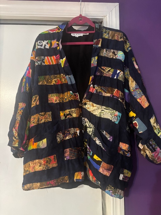 The Icing Jackets & Blazers - Vintage Bohemian Oversized Black Patchwork Open-Front Jacket Coin Buttons